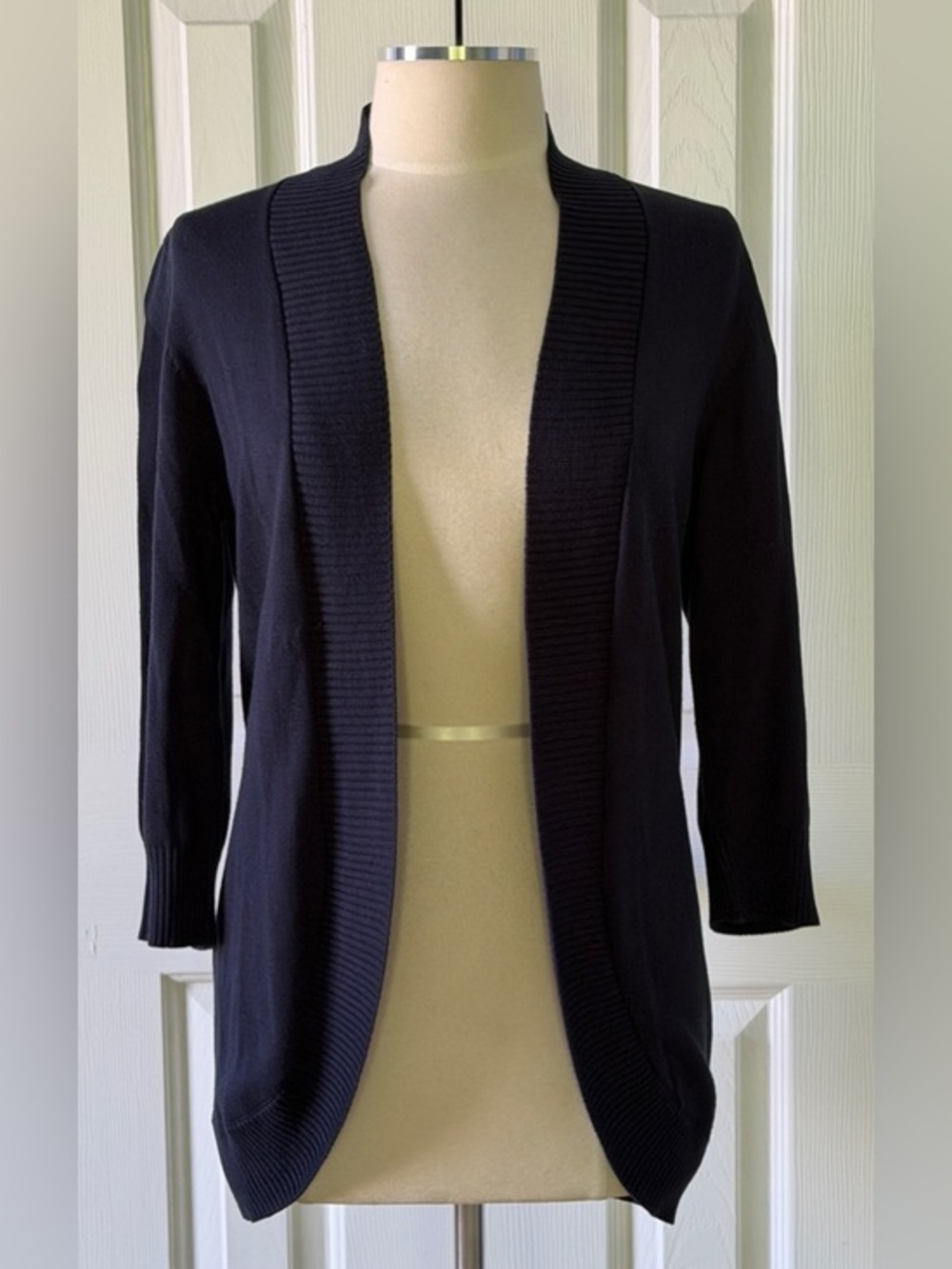 Verve Ami Navy Blue Open Front Cardigan Ribbed Trim 3/4 Sleeve Size M